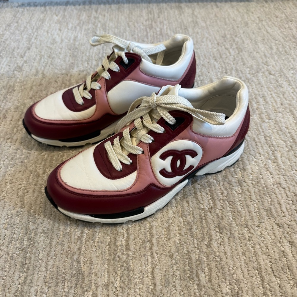 CHANEL Maroon and Light Pink Sneakers